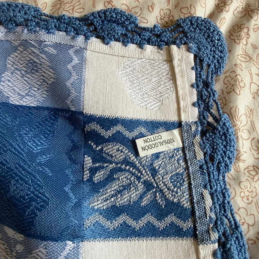 Vintage Blue White Cotton Damask Tablecloth Rose Floral Crochet Trim 32x30